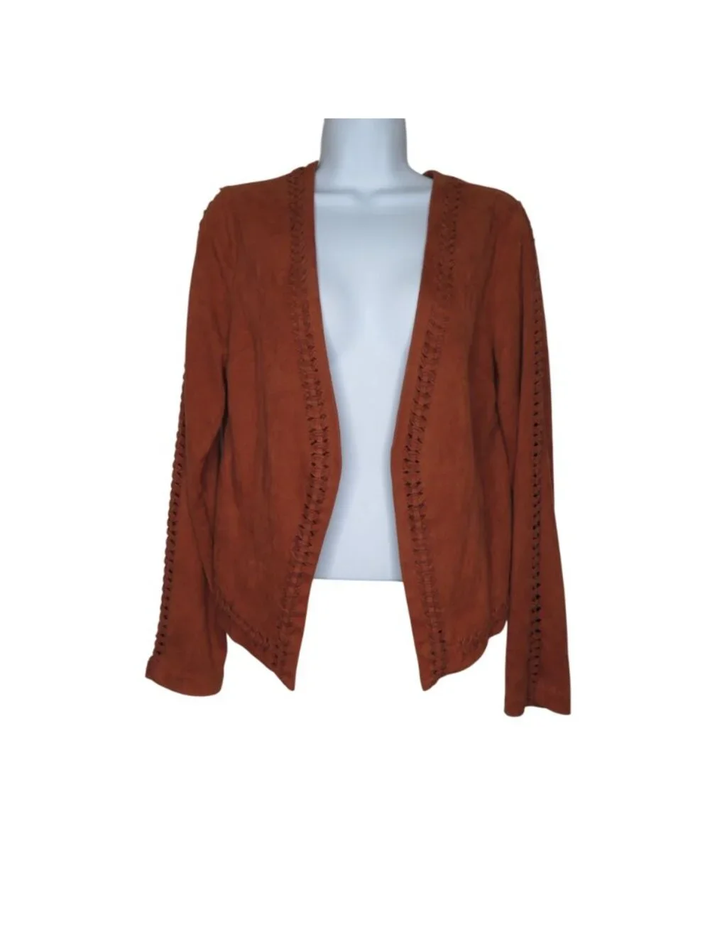 Gianni Bini Rust Faux Suede Open Front Jacket Intricate Braided Trim Long Sleeve
